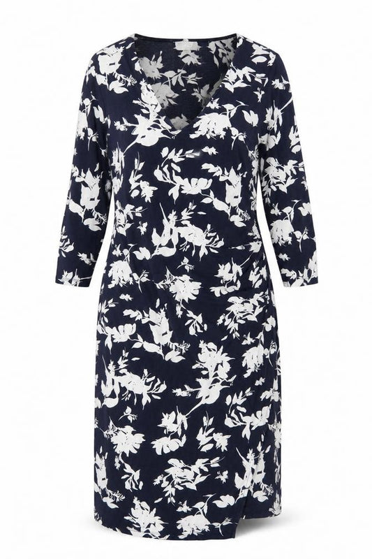 Front view of Pure women’s blue floral polyester a-line, size UK 16, v-neck pullover