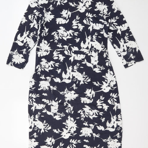 Pure Womens Blue Floral Polyester A-Line Size 16 V-Neck Pullover