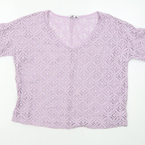 NEXT Womens Purple Geometric Cotton Basic T-Shirt Size 12 Round Neck - Overlay Top