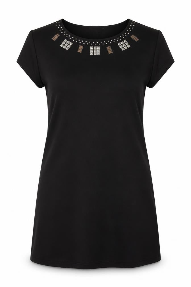 Dorothy Perkins Womens Black Polyester T-Shirt Dress Size 14 Round Neck Pullover - Studded
