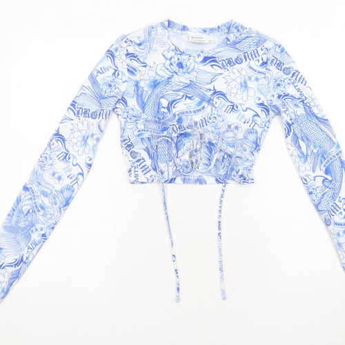 Bershka Womens White Geometric Polyester Cropped Blouse Size XS Round Neck