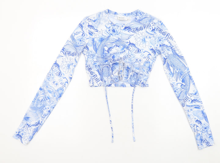 Bershka Womens White Geometric Polyester Cropped Blouse Size XS Round Neck