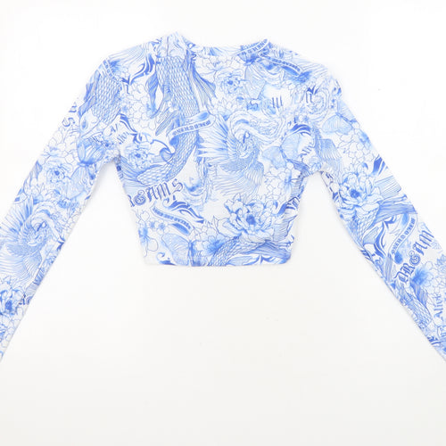 Bershka Womens White Geometric Polyester Cropped Blouse Size XS Round Neck