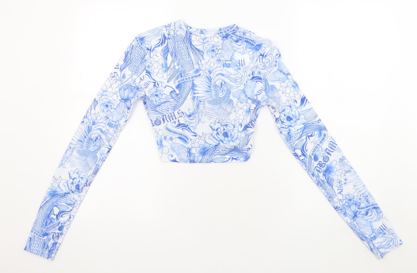 Bershka Womens White Geometric Polyester Cropped Blouse Size XS Round Neck