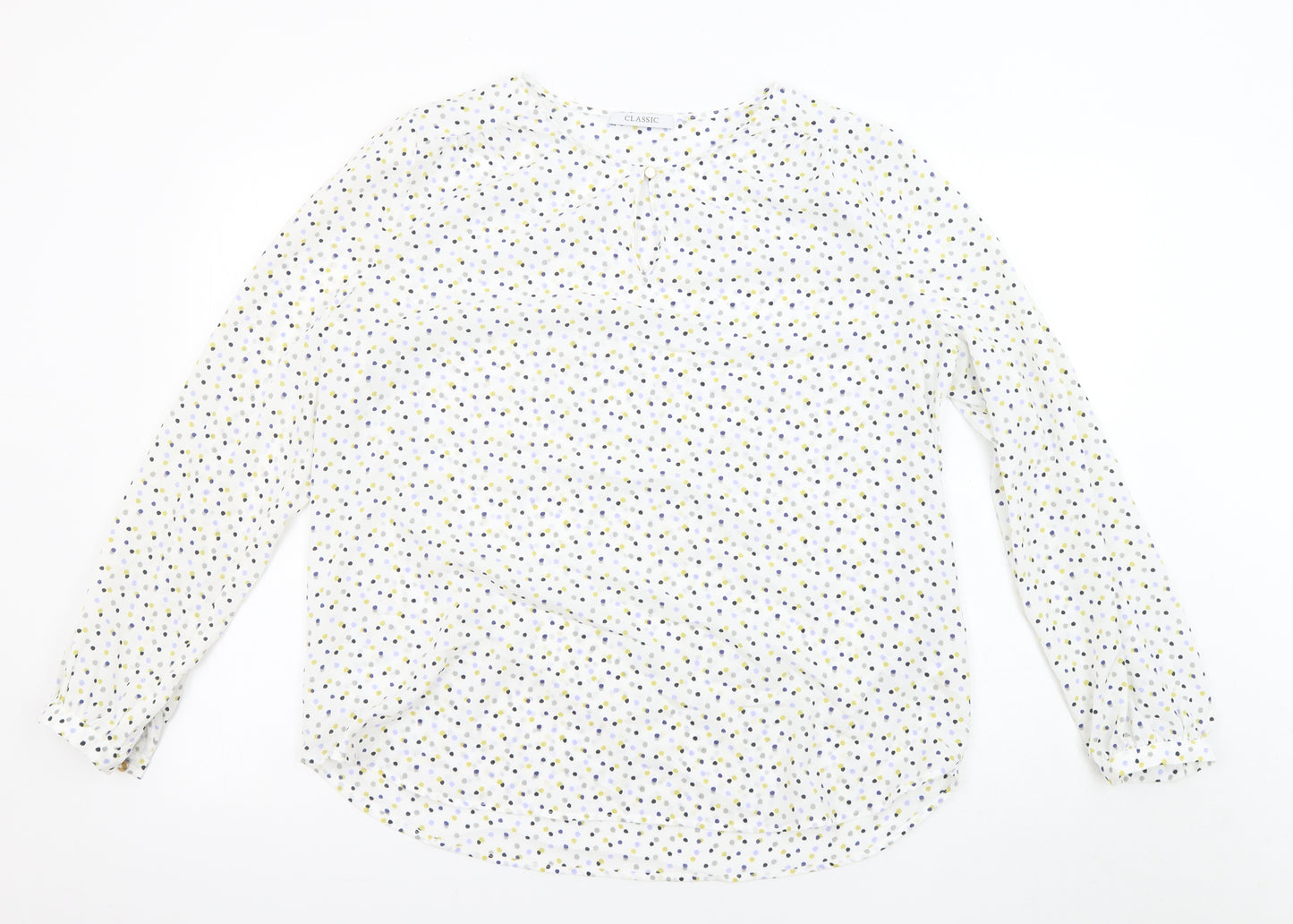 Classic Womens White Polka Dot Polyester Basic Blouse Size 14 Round Neck - Sheer
