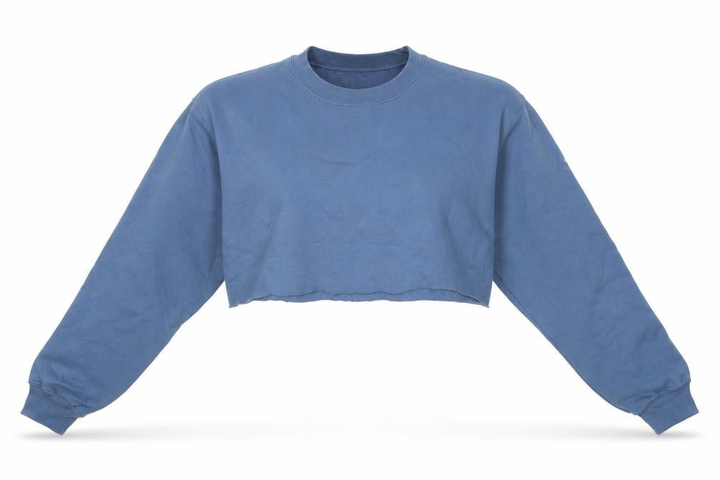 Front view of PRETTYLITTLETHING women’s blue cotton pullover sweatshirt, size M, pullover