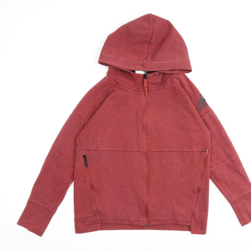adidas Womens Red Houndstooth Cotton Full Zip Hoodie Size 8 Zip