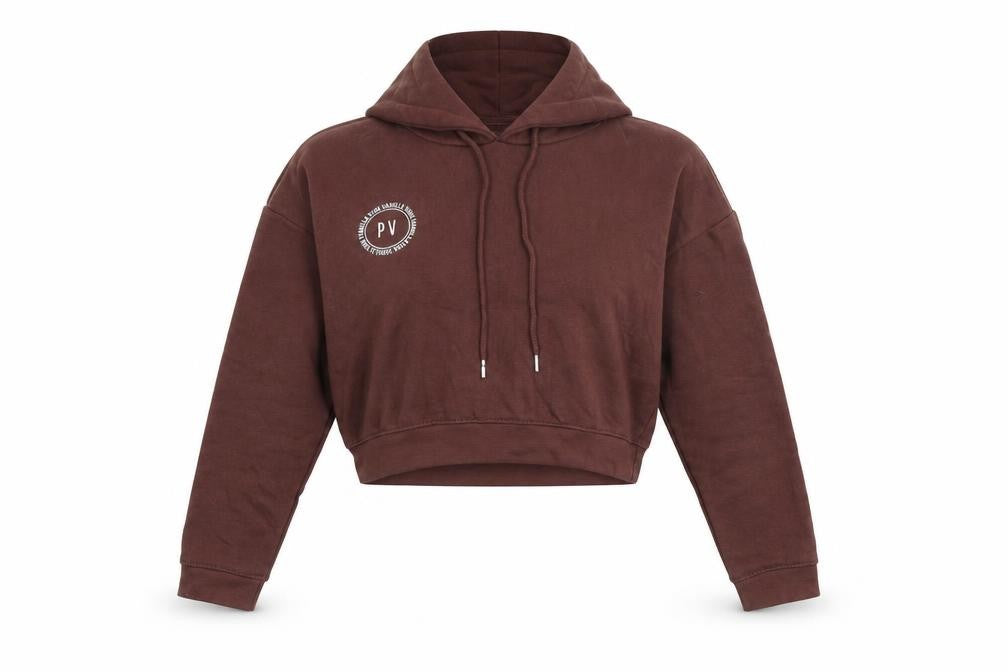 Front view of Pink Vanilla women’s brown cotton pullover hoodie, size S, pullover