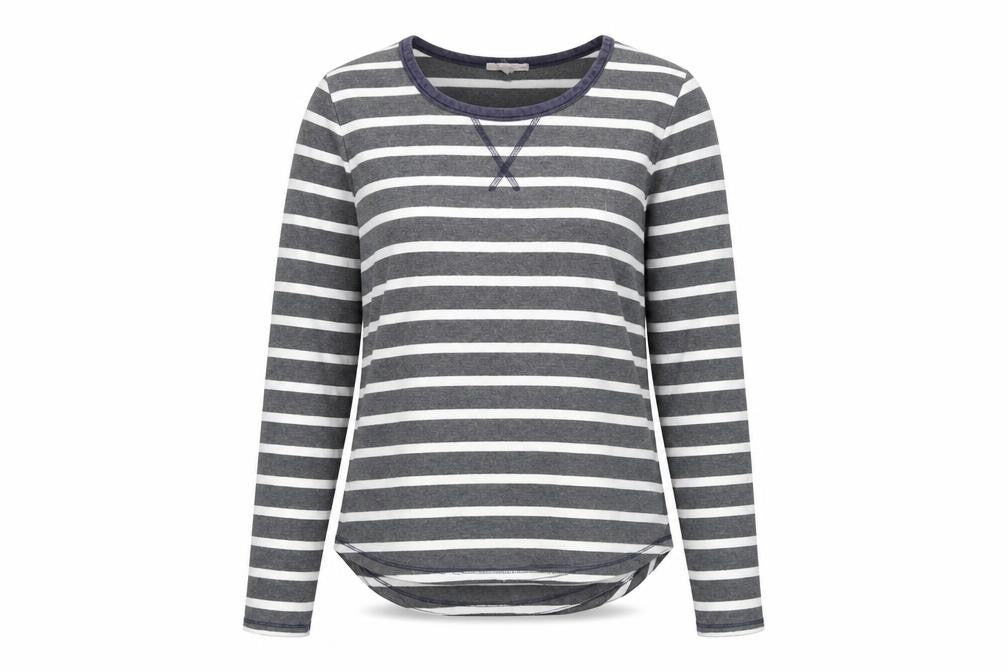 Front view of Gap women’s grey striped 100% cotton pullover sweatshirt, size M, pullover