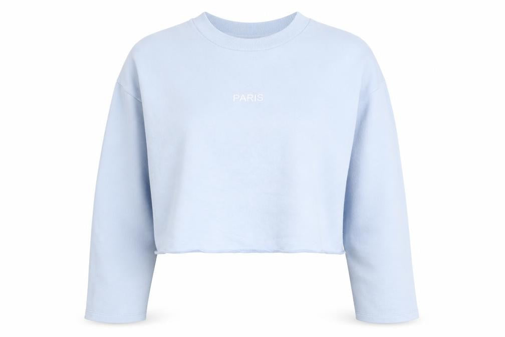 Front view of Topshop women’s blue cotton pullover sweatshirt, size UK 12, pullover