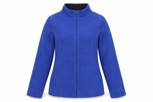 Front view of EWM women’s blue jacket, size UK 10, zip