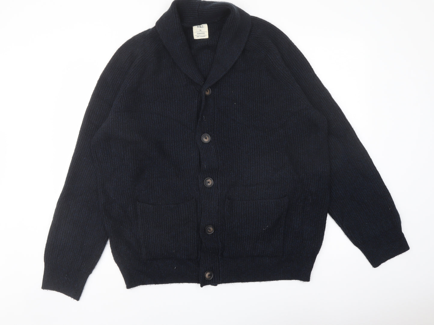 Marks and Spencer Mens Blue V-Neck Acrylic Cardigan Jumper Size XL Long Sleeve