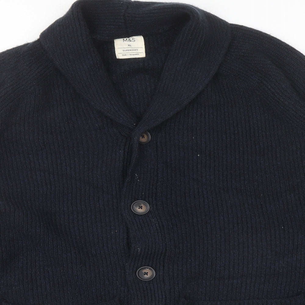 Marks and Spencer Mens Blue V-Neck Acrylic Cardigan Jumper Size XL Long Sleeve