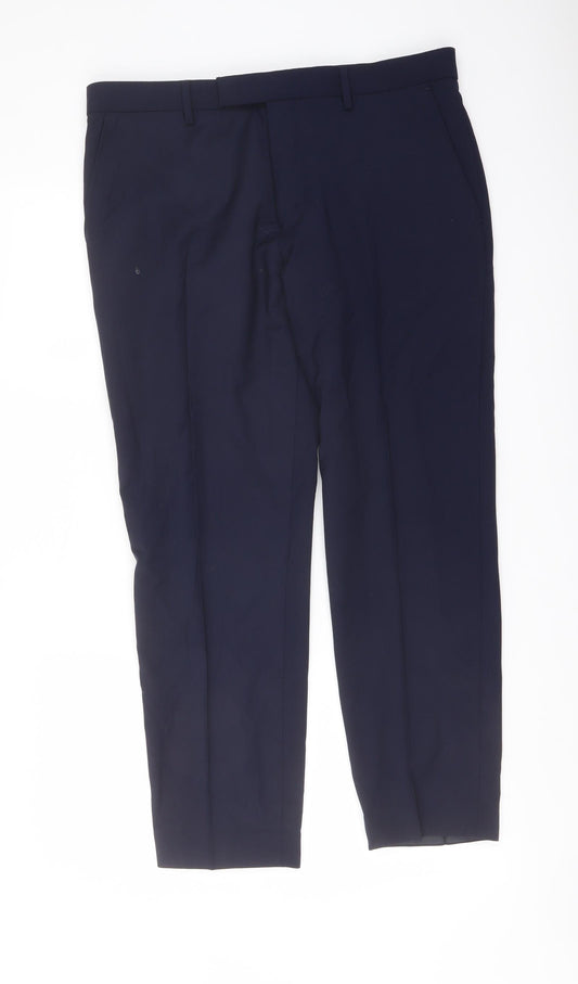 Marks and Spencer Mens Blue Wool Trousers Size 34 in L28 in Slim Buckle