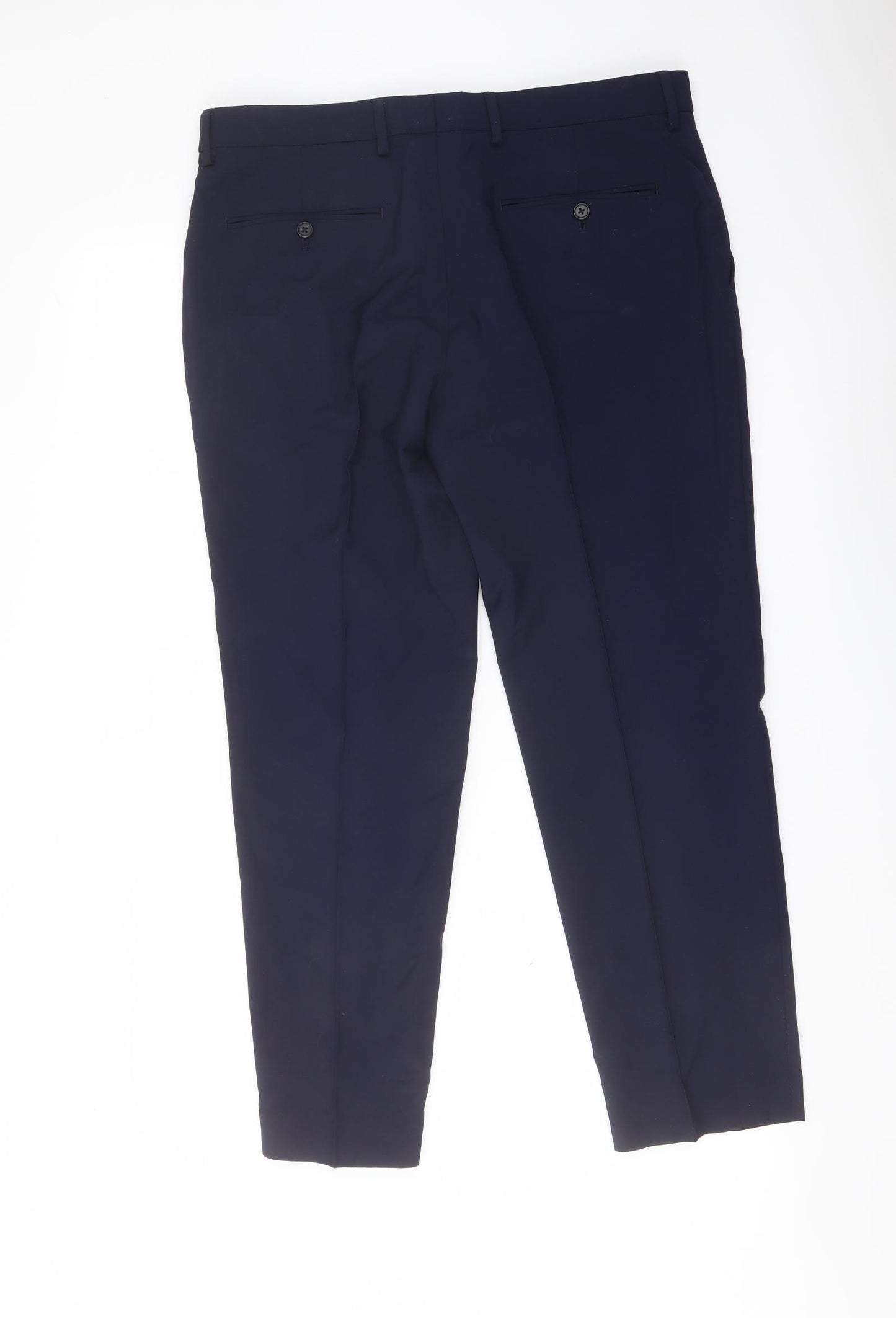 Marks and Spencer Mens Blue Wool Trousers Size 34 in L28 in Slim Buckle