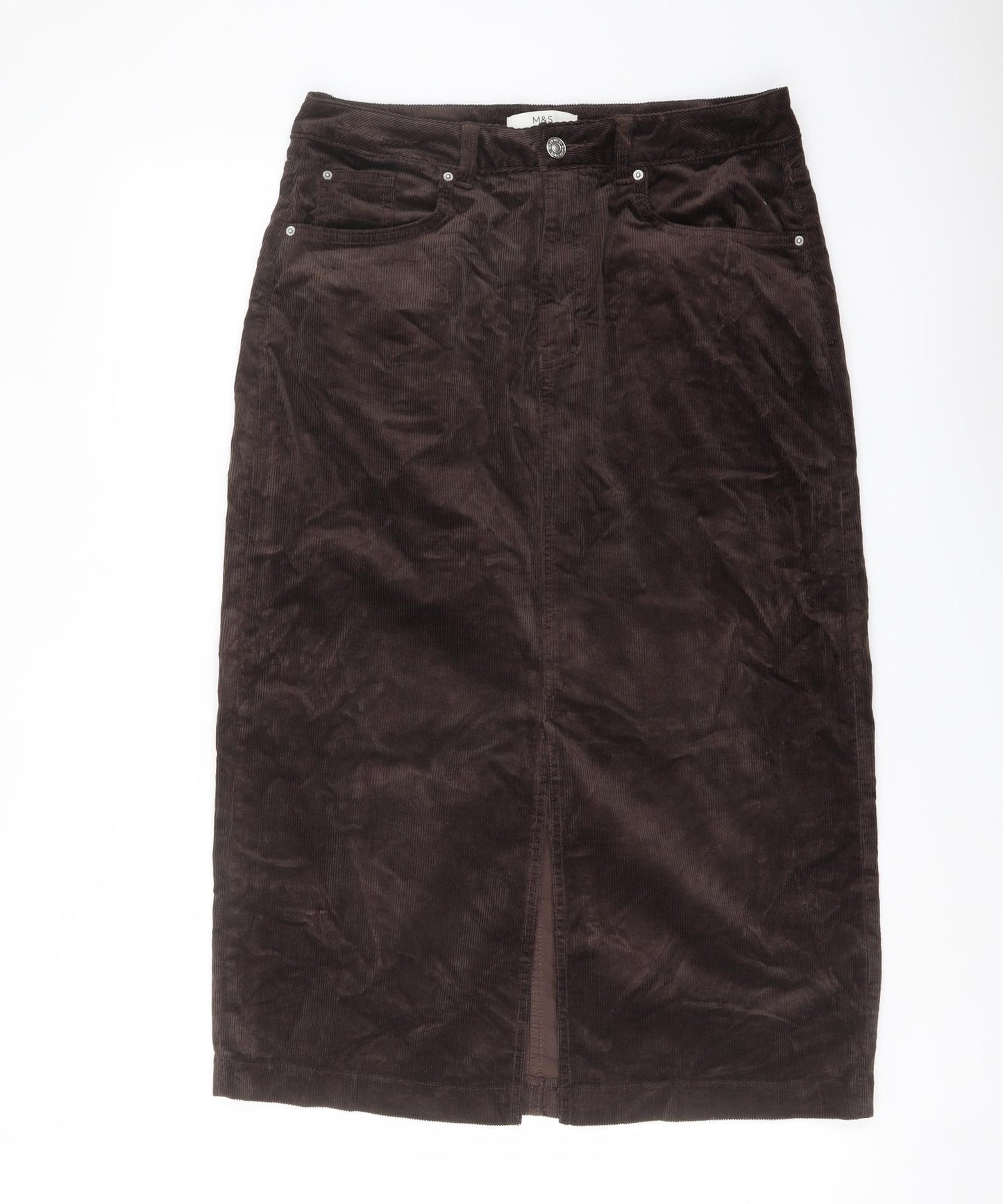 Marks and Spencer Womens Brown Cotton A-Line Skirt Size 12 Button