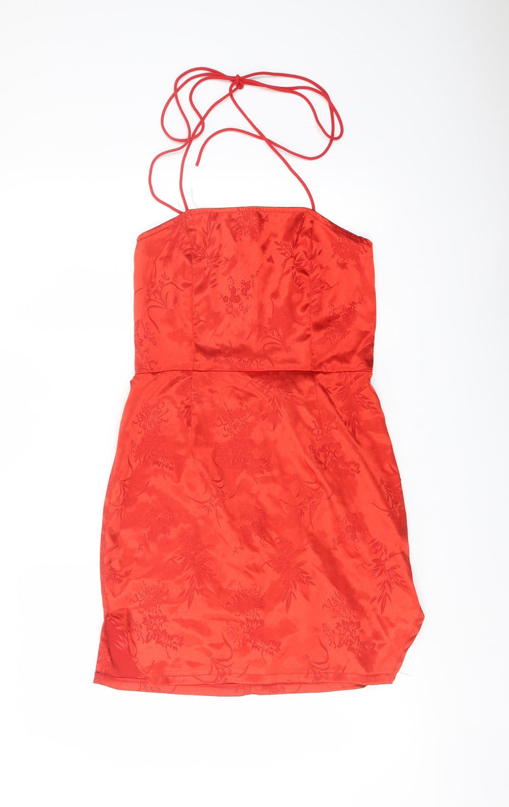 PRETTYLITTLETHING Womens Red Geometric Polyester Mini Size 10 Square Neck Zip