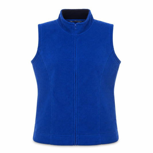 Front view of EWM women’s blue gilet jacket, size UK 14, zip