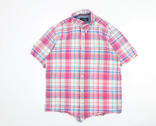 Front view of Blue Harbour men’s multicoloured plaid cotton button-up, size S, collared button