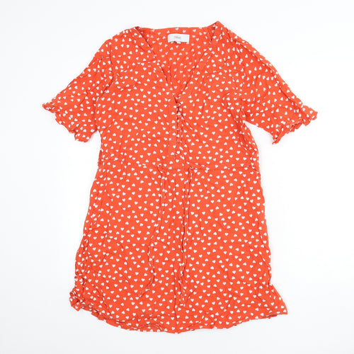 NEXT Womens Red Geometric Viscose A-Line Size 12 V-Neck Pullover - Heart Print