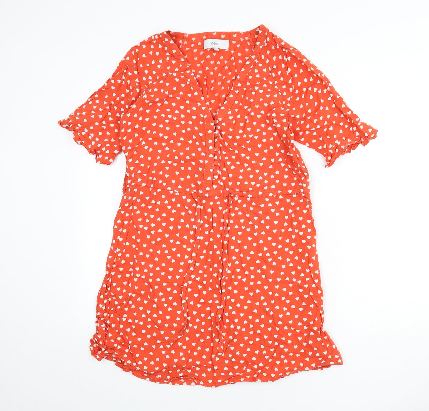 NEXT Womens Red Geometric Viscose A-Line Size 12 V-Neck Pullover - Heart Print