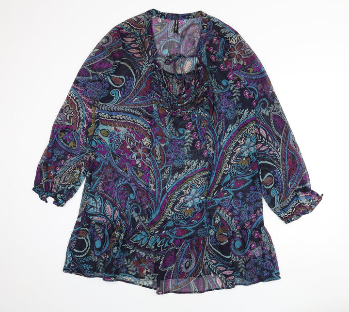 Marks and Spencer Womens Multicoloured Geometric Polyester A-Line Size 16 V-Neck Tie - Sheer, Paisley