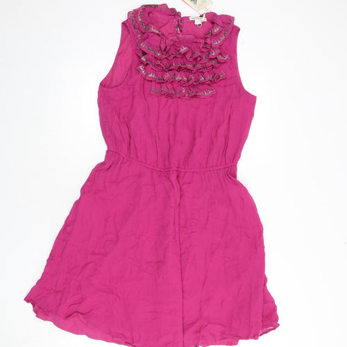 Monsoon Womens Purple Viscose A-Line Size 14 Collared Button - Ruffles, Beaded