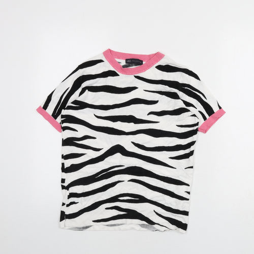 Marks and Spencer Womens White Round Neck Animal Print Viscose Pullover Jumper Size 8 - Zebra Print