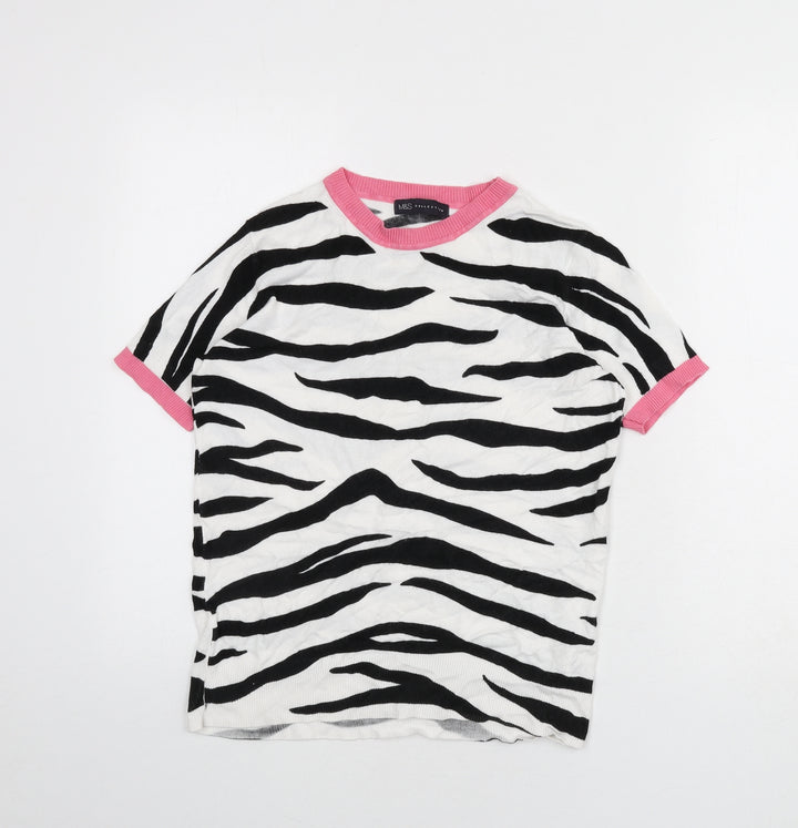 Marks and Spencer Womens White Round Neck Animal Print Viscose Pullover Jumper Size 8 - Zebra Print