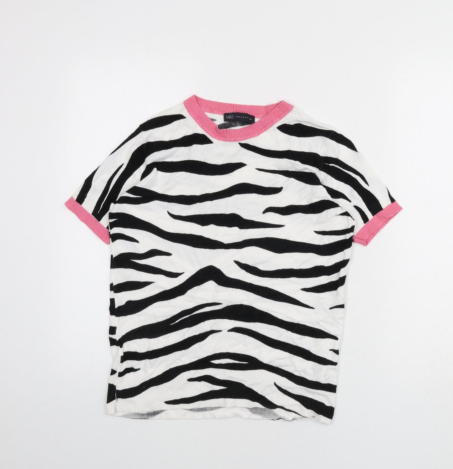 Marks and Spencer Womens White Round Neck Animal Print Viscose Pullover Jumper Size 8 - Zebra Print