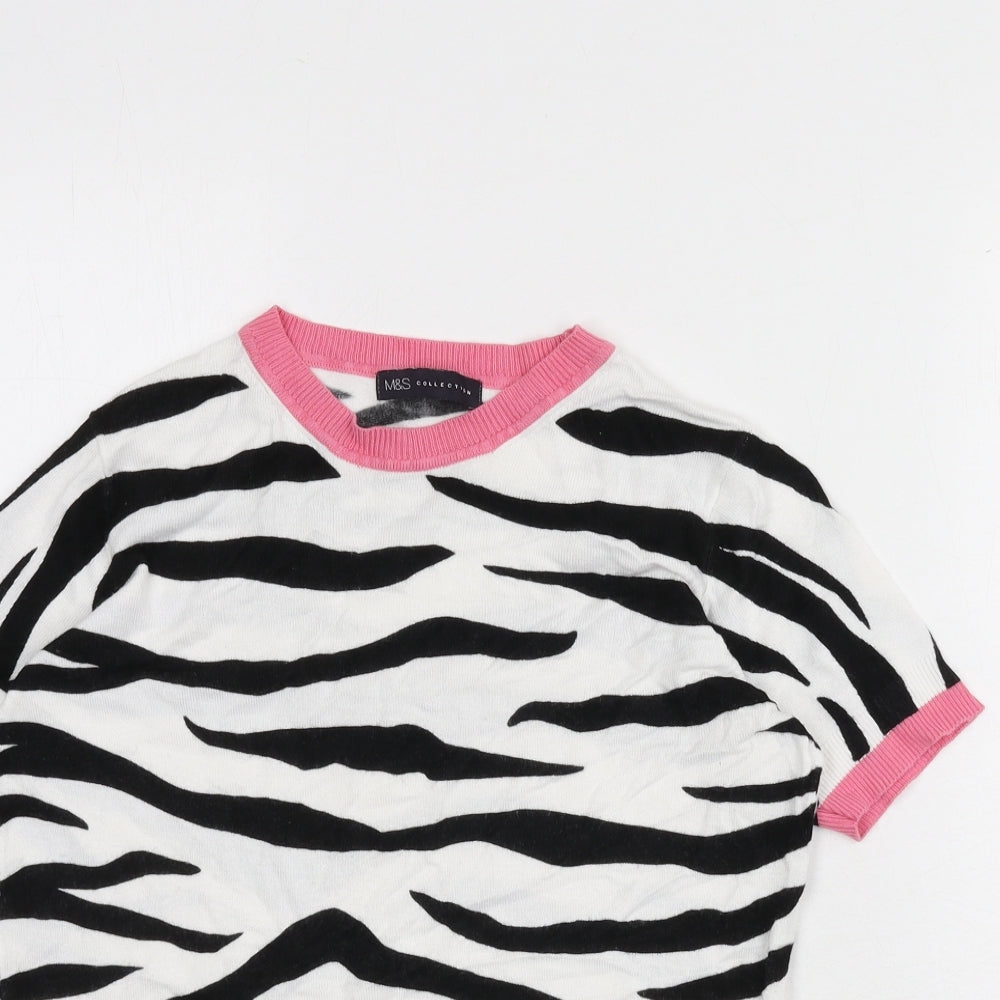 Marks and Spencer Womens White Round Neck Animal Print Viscose Pullover Jumper Size 8 - Zebra Print