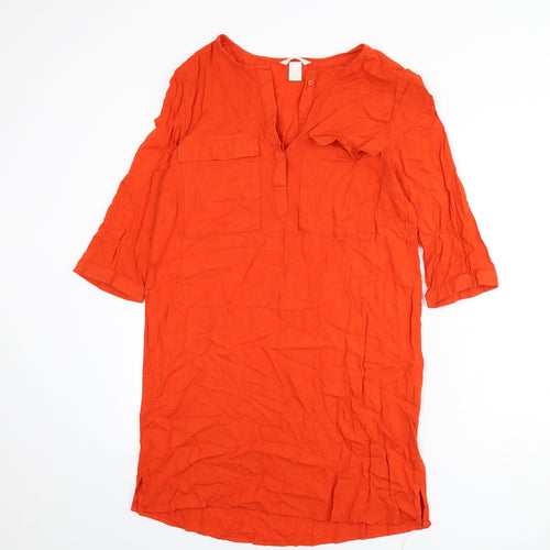 H&M Womens Orange Viscose Shirt Dress Size 8 V-Neck Button