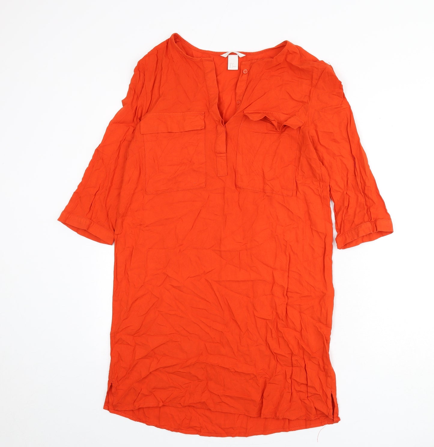 H&M Womens Orange Viscose Shirt Dress Size 8 V-Neck Button