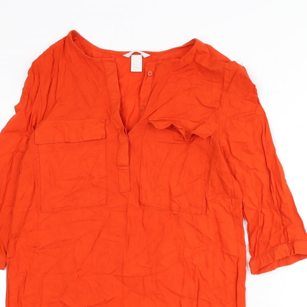 H&M Womens Orange Viscose Shirt Dress Size 8 V-Neck Button