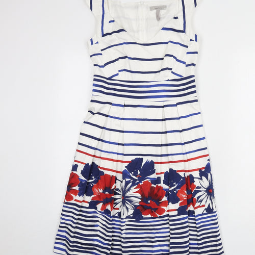 Pepperberry Womens White Striped Cotton Fit & Flare Size 8 V-Neck Zip - Flowers