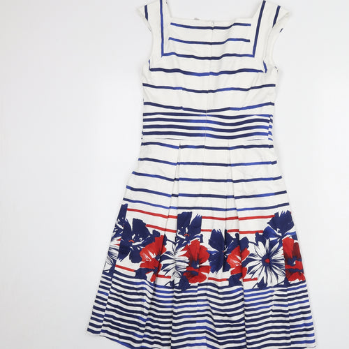 Pepperberry Womens White Striped Cotton Fit & Flare Size 8 V-Neck Zip - Flowers
