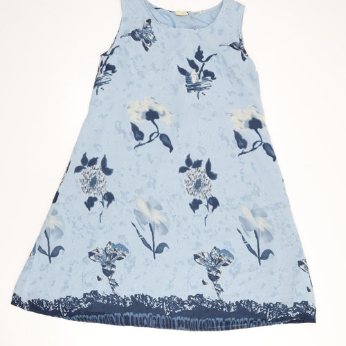 Yessica Womens Blue Floral Polyester A-Line Size 10 Round Neck Pullover - Tie Detail