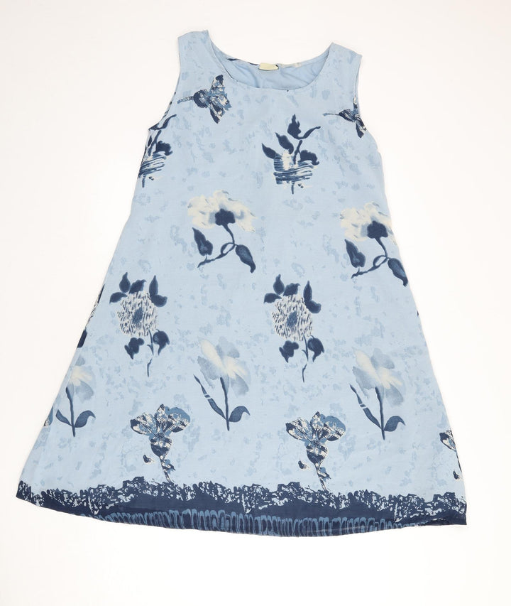 Yessica Womens Blue Floral Polyester A-Line Size 10 Round Neck Pullover - Tie Detail