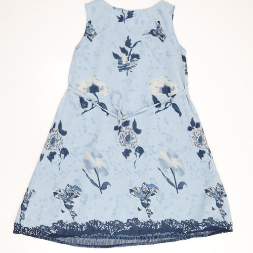 Yessica Womens Blue Floral Polyester A-Line Size 10 Round Neck Pullover - Tie Detail