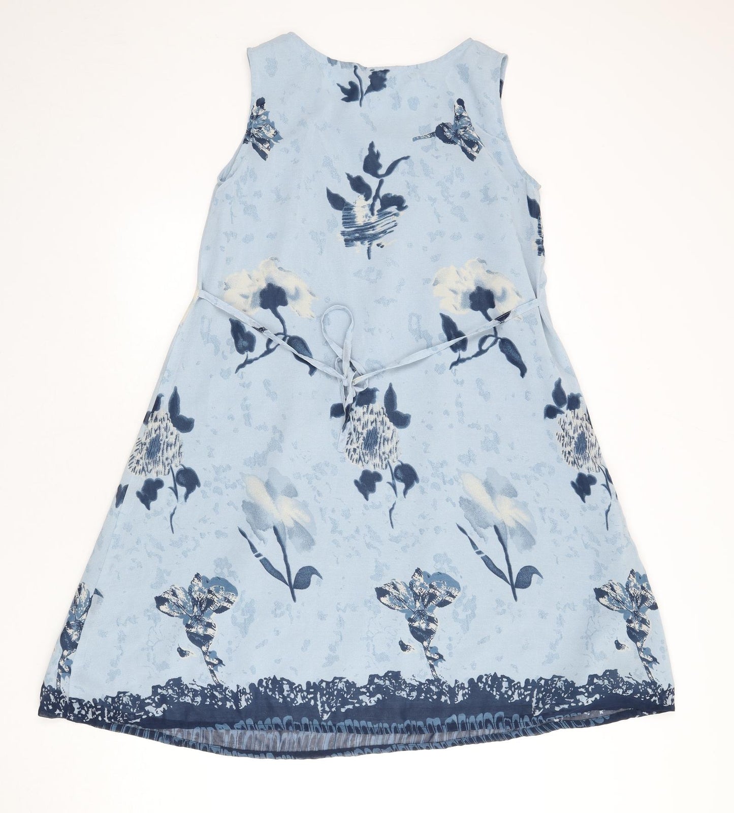 Yessica Womens Blue Floral Polyester A-Line Size 10 Round Neck Pullover - Tie Detail