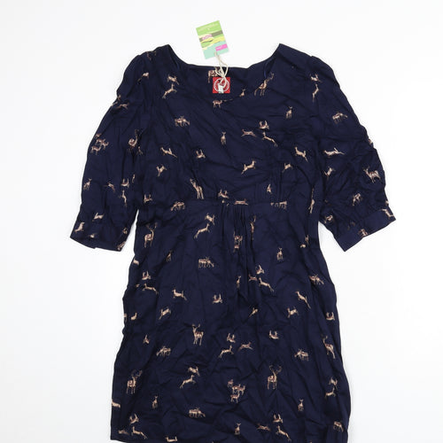 Joules Womens Blue Geometric Viscose A-Line Size 8 Round Neck Pullover - Deer