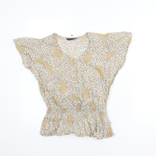Marks and Spencer Womens Beige Floral Cotton Basic Blouse Size 8 V-Neck - Elastic Waist