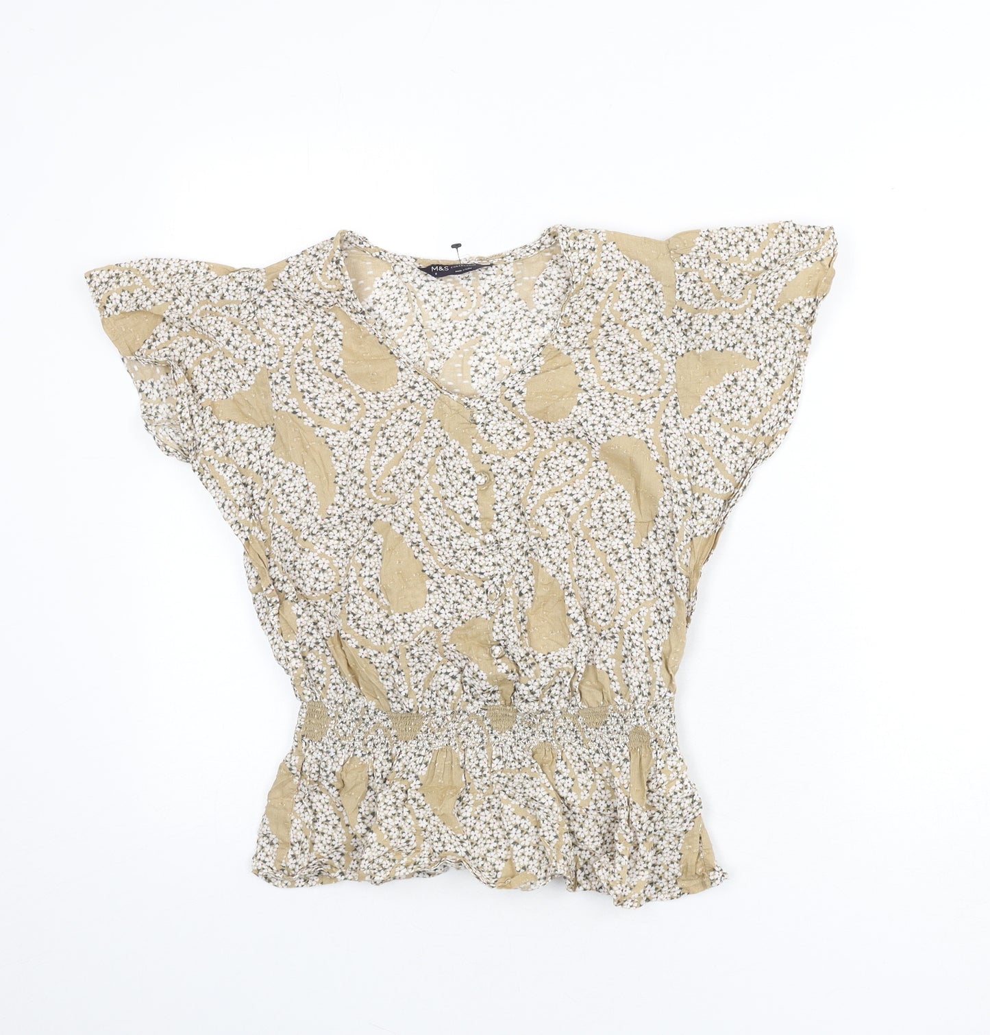 Marks and Spencer Womens Beige Floral Cotton Basic Blouse Size 8 V-Neck - Elastic Waist