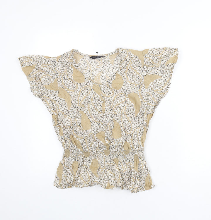 Marks and Spencer Womens Beige Floral Cotton Basic Blouse Size 8 V-Neck - Elastic Waist
