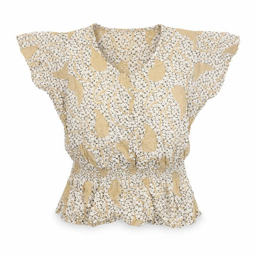 Marks and Spencer Womens Beige Floral Cotton Basic Blouse Size 8 V-Neck - Elastic Waist
