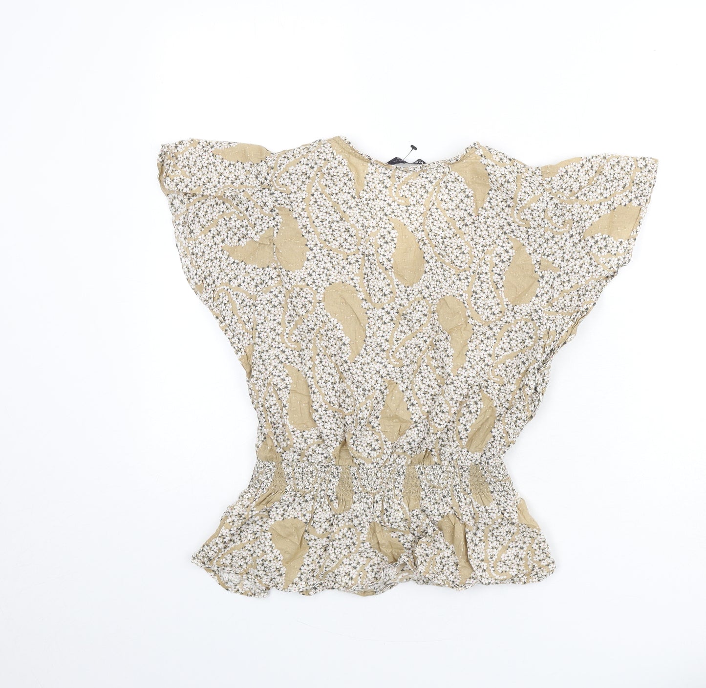 Marks and Spencer Womens Beige Floral Cotton Basic Blouse Size 8 V-Neck - Elastic Waist