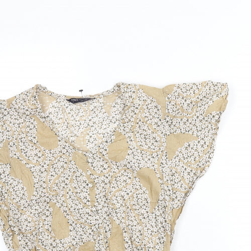 Marks and Spencer Womens Beige Floral Cotton Basic Blouse Size 8 V-Neck - Elastic Waist