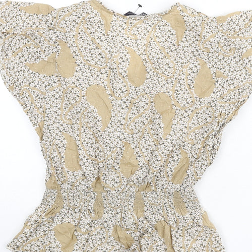 Marks and Spencer Womens Beige Floral Cotton Basic Blouse Size 8 V-Neck - Elastic Waist