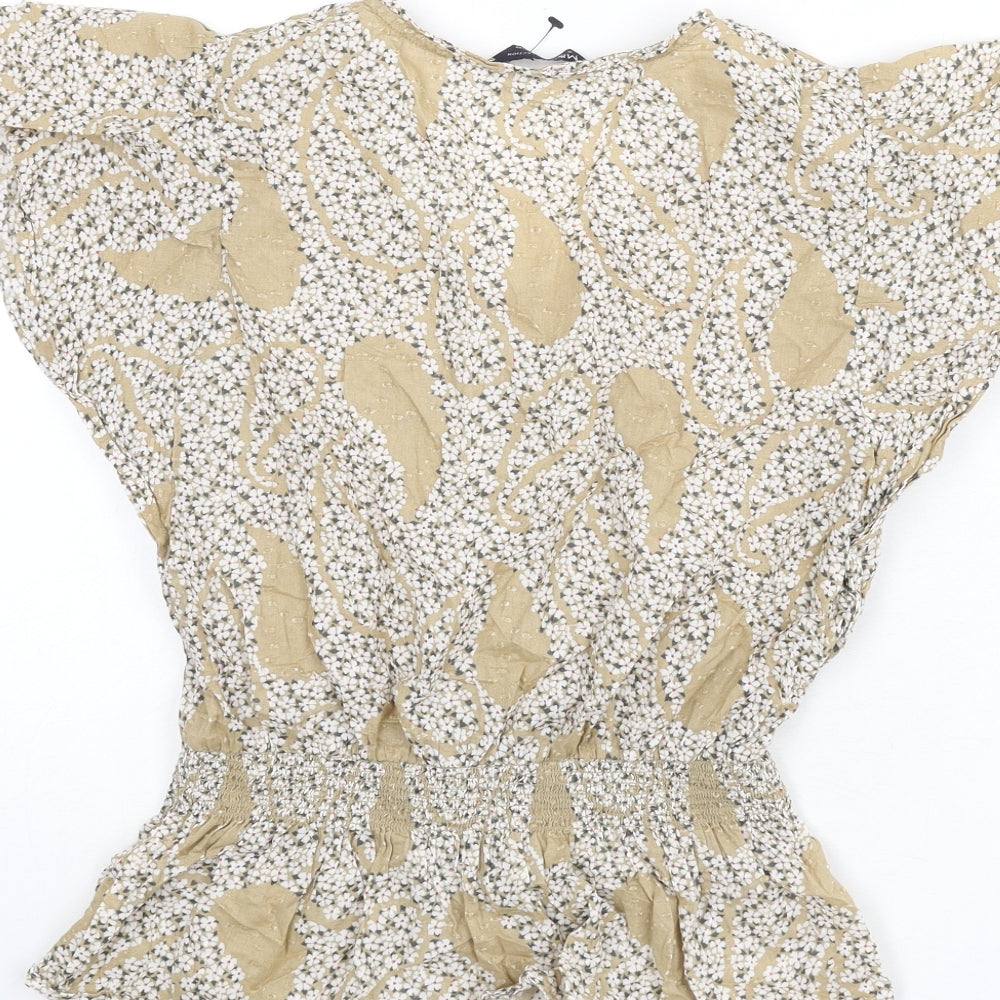 Marks and Spencer Womens Beige Floral Cotton Basic Blouse Size 8 V-Neck - Elastic Waist