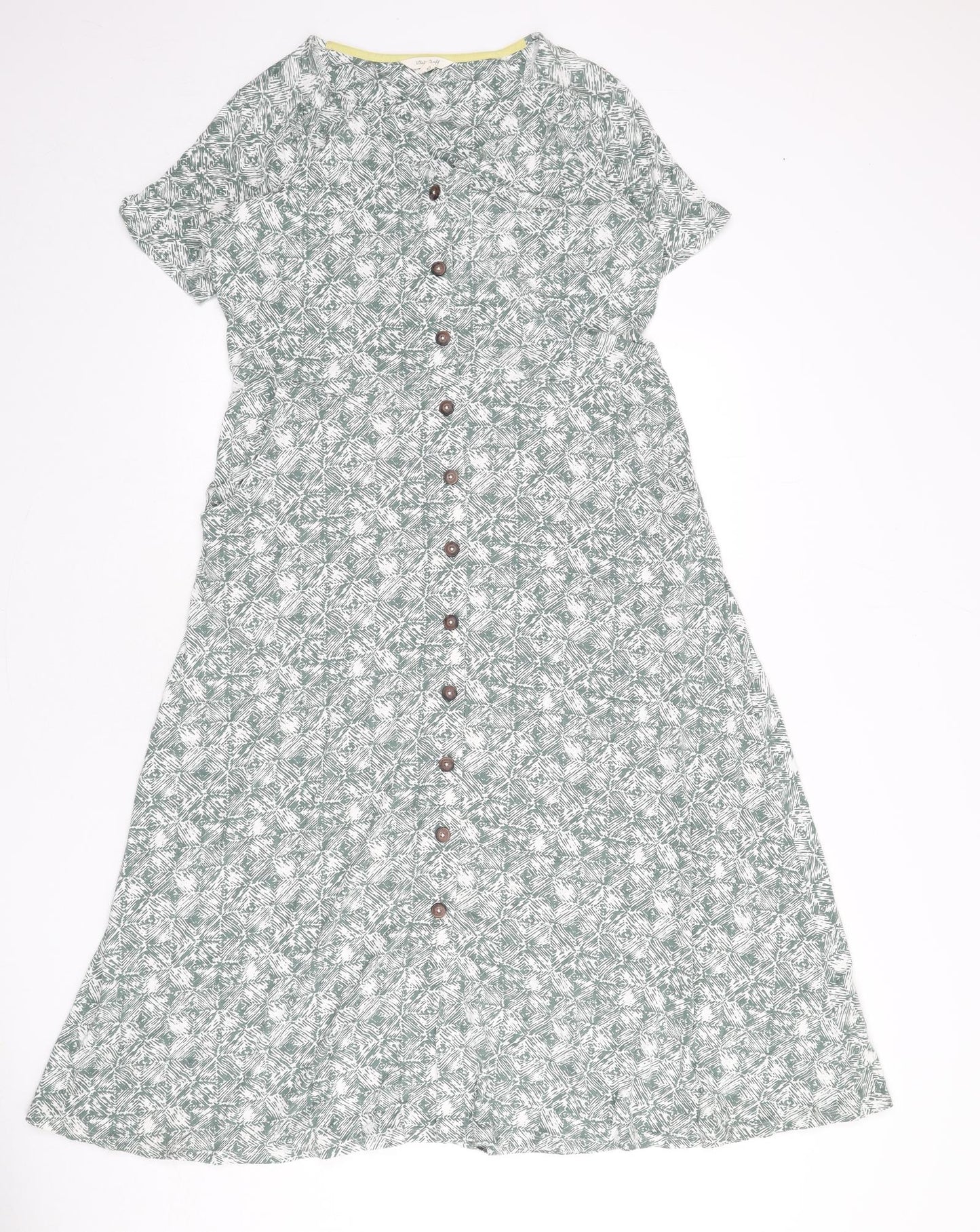 White Stuff Womens Green Geometric Viscose A-Line Size 14 V-Neck Button